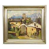 Biedermeier painting of a European alpine village, late 19th century.
