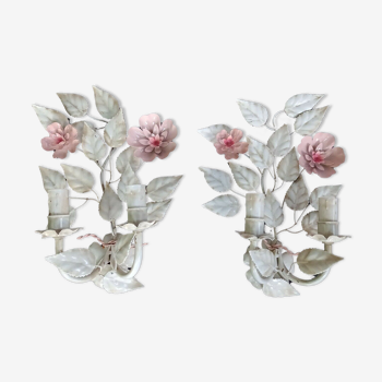 Paire d'appliques florales fleur metal peint italienne romantique