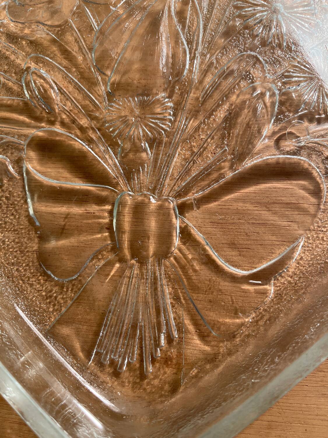 Vintage etched glass heart shaped dish with floral pattern