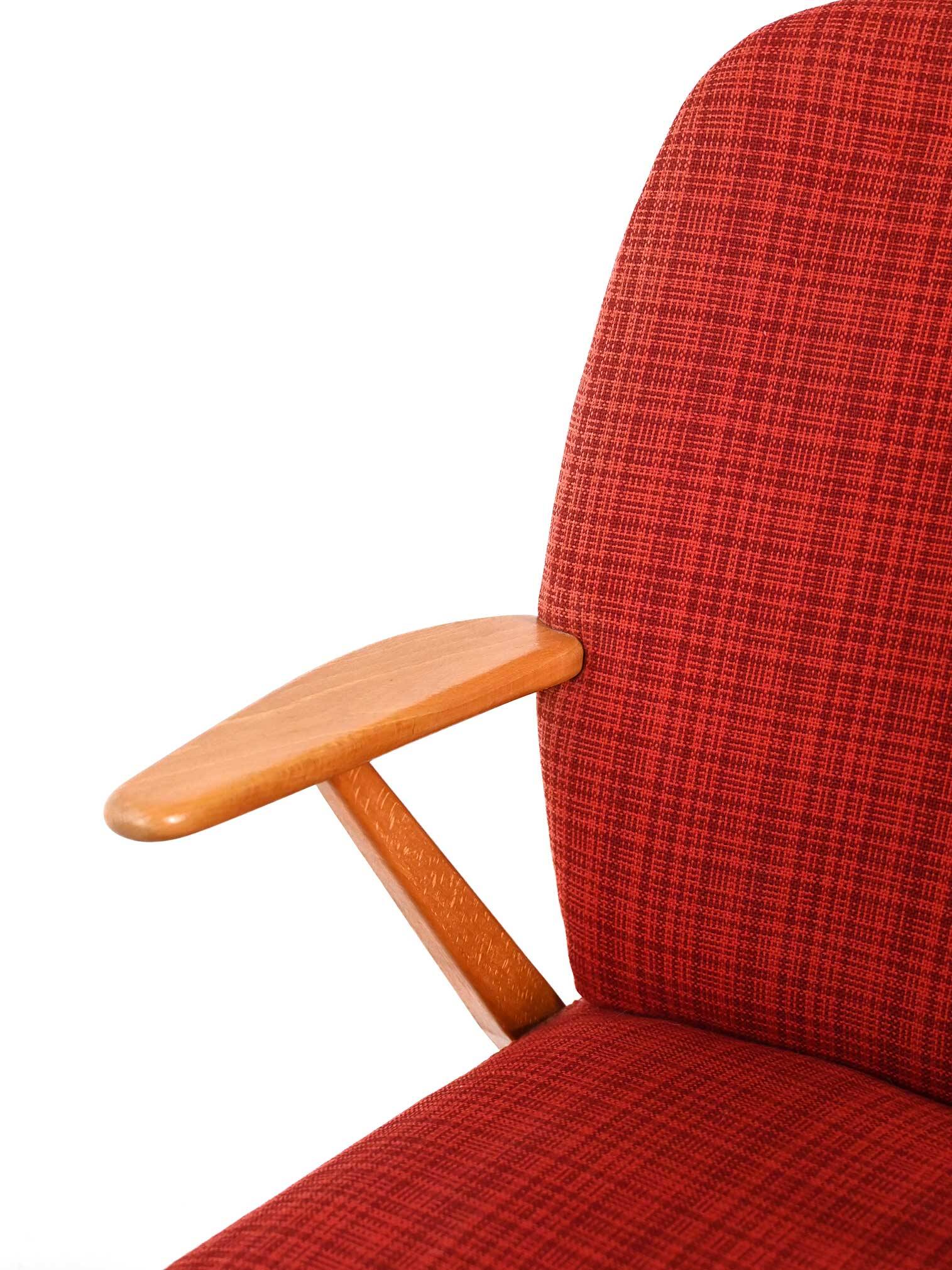 Scandinavian 1950s Beech Armchair with red upholstery