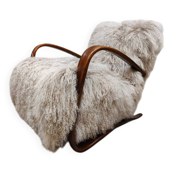 Fauteuil vintage tibétain en peau de mouton Jindrich Halabala H-269
