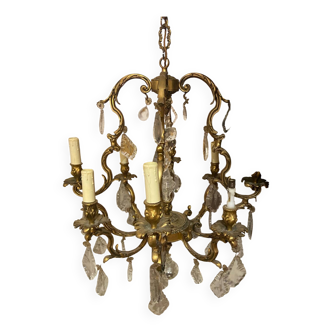 Lustre en bronze et pampilles en cristal