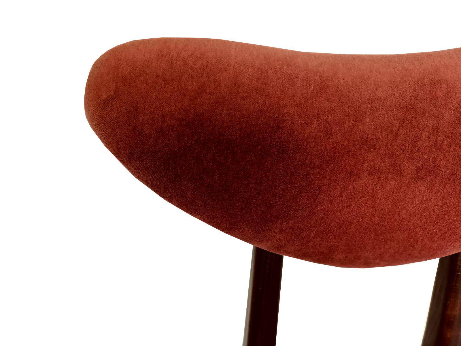 Mid-century orange rose velvet heart chair, walnut wood, Poland, 1960s.