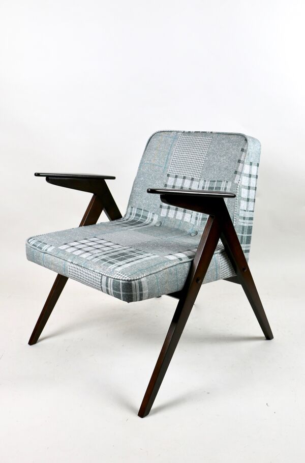 Fauteuil lapin à carreaux gris-bleu par Józef Chierowski, années 1970
