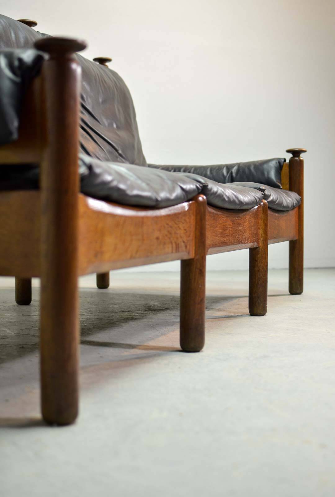 Sturdy Mid-Century Smooth Black Leather Scandinavian 3-Seat Sofa, 1960s