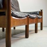 Sturdy Mid-Century Smooth Black Leather Scandinavian 3-Seat Sofa, 1960s