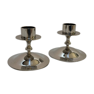 Pair of old Art Deco candlesticks in minimalist chrome metal vintage 1930