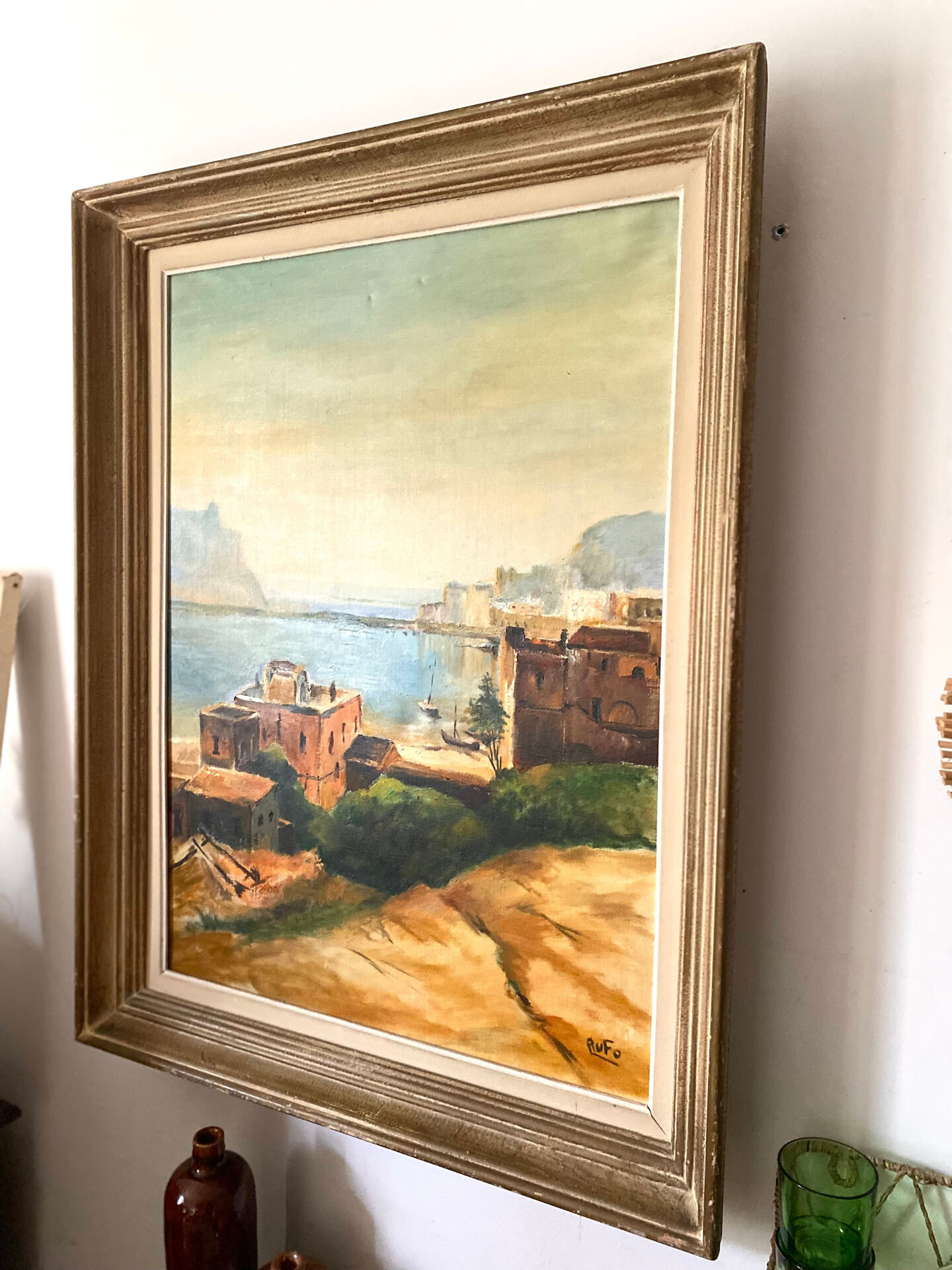 Old oil on canvas, Mediterranean port scene signed Rufo.