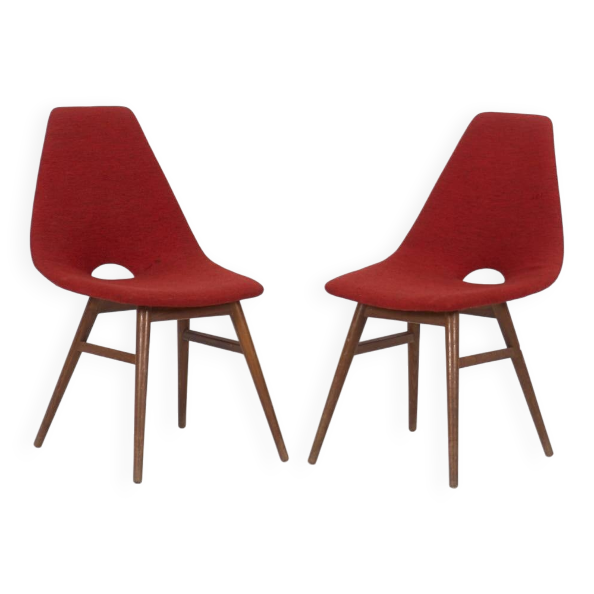 Wooden chairs with burgundy red fabric, circa 1950