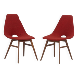 Wooden chairs with burgundy red fabric, circa 1950