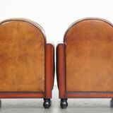 Set of 2 beautiful cognac-colored sheepskin Art Deco armchairs