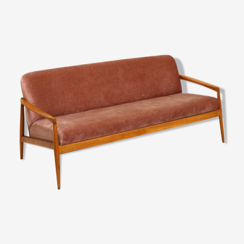 Canapé 3 places rose avec cadre en teck fabriqué dans les années 1960