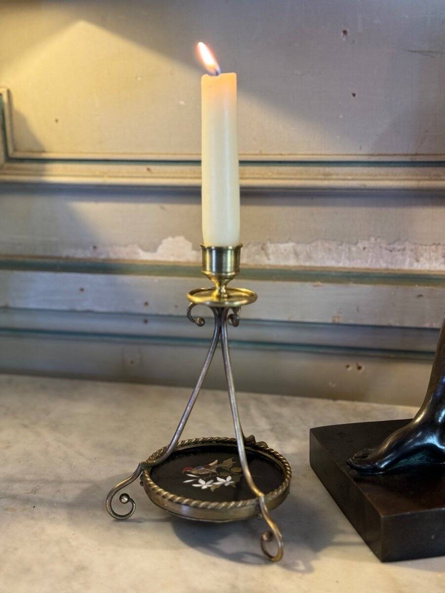 Pair of bronze candlesticks with pietra dura, marble marquetry, circa 1900.
