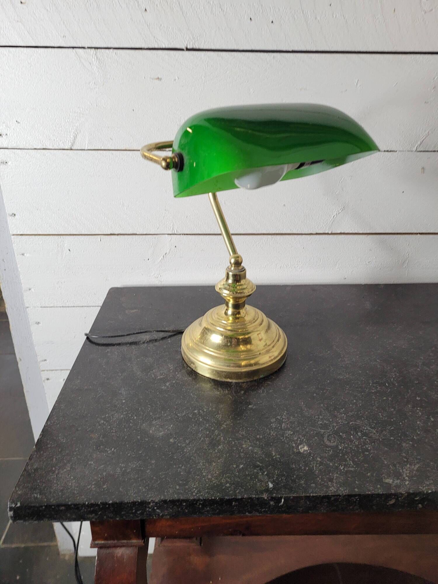 Vintage brass desk lamp with glass shade