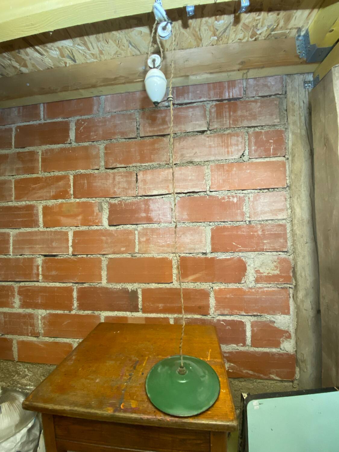 Industrial pendant light, mounted and lowered, green metal + vintage porcelain