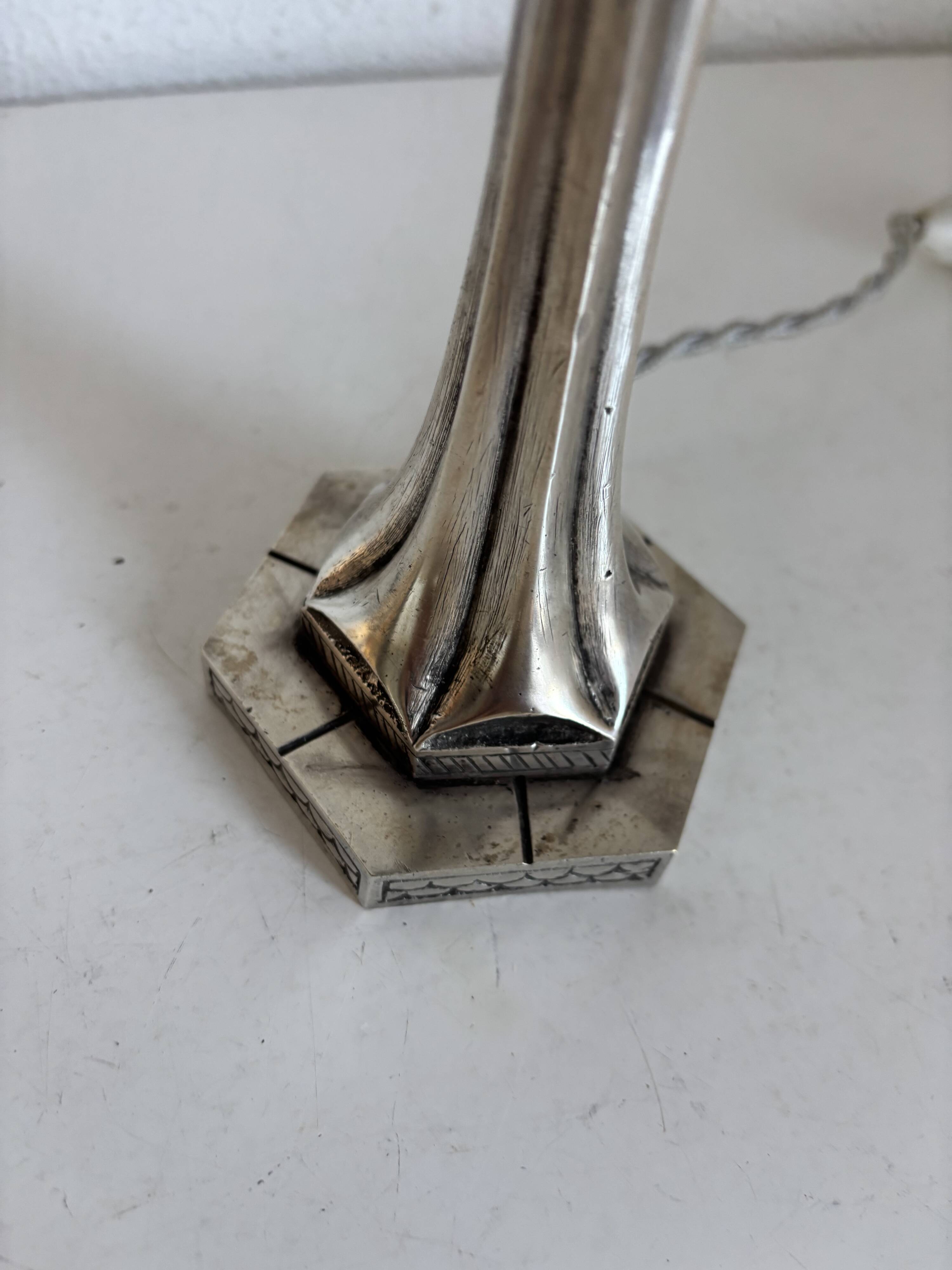 Art Deco table lamp from the 1920s–1930s — Tree trunk base in nickel metal
