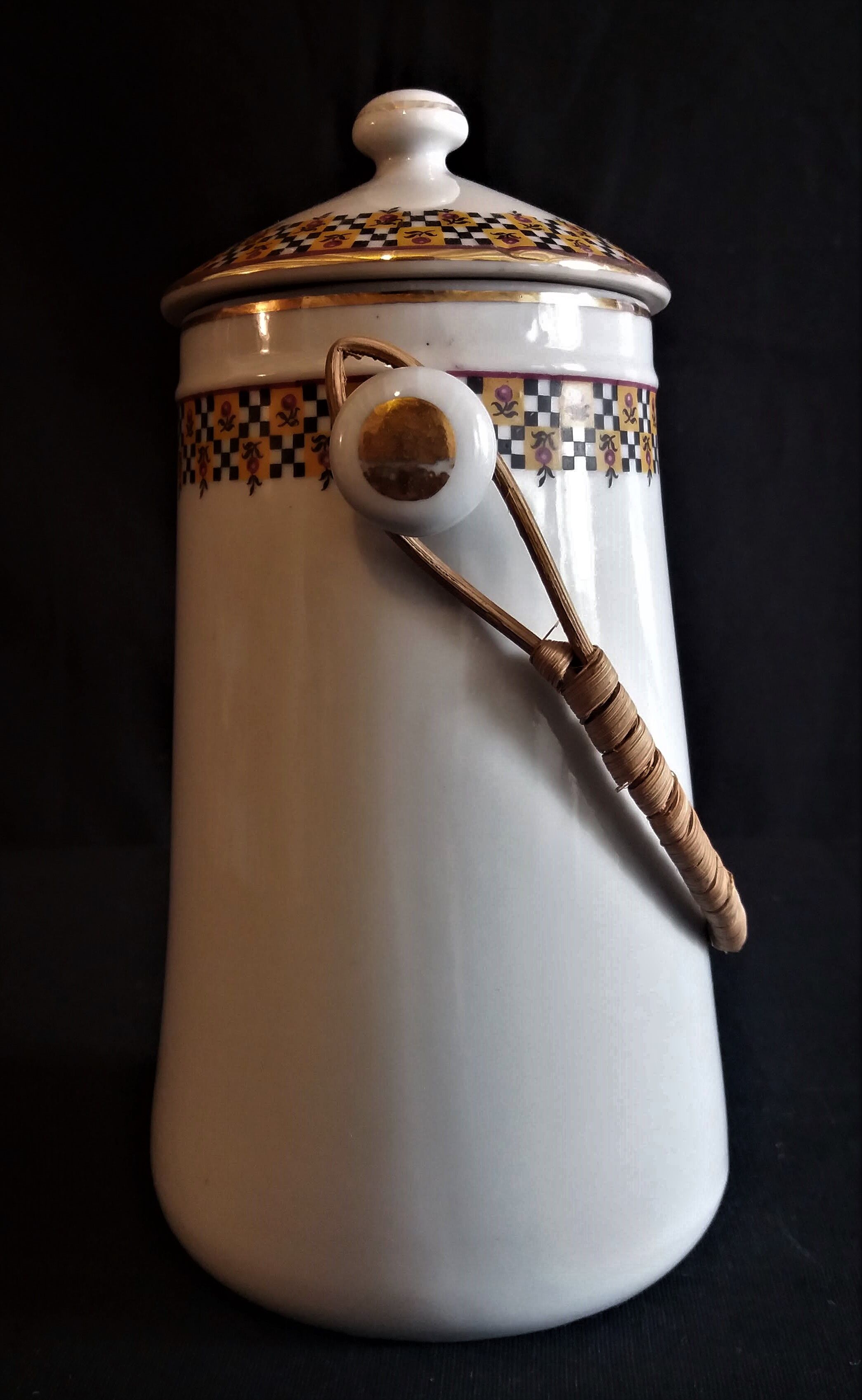 Vintage porcelain milk pot rattan handle