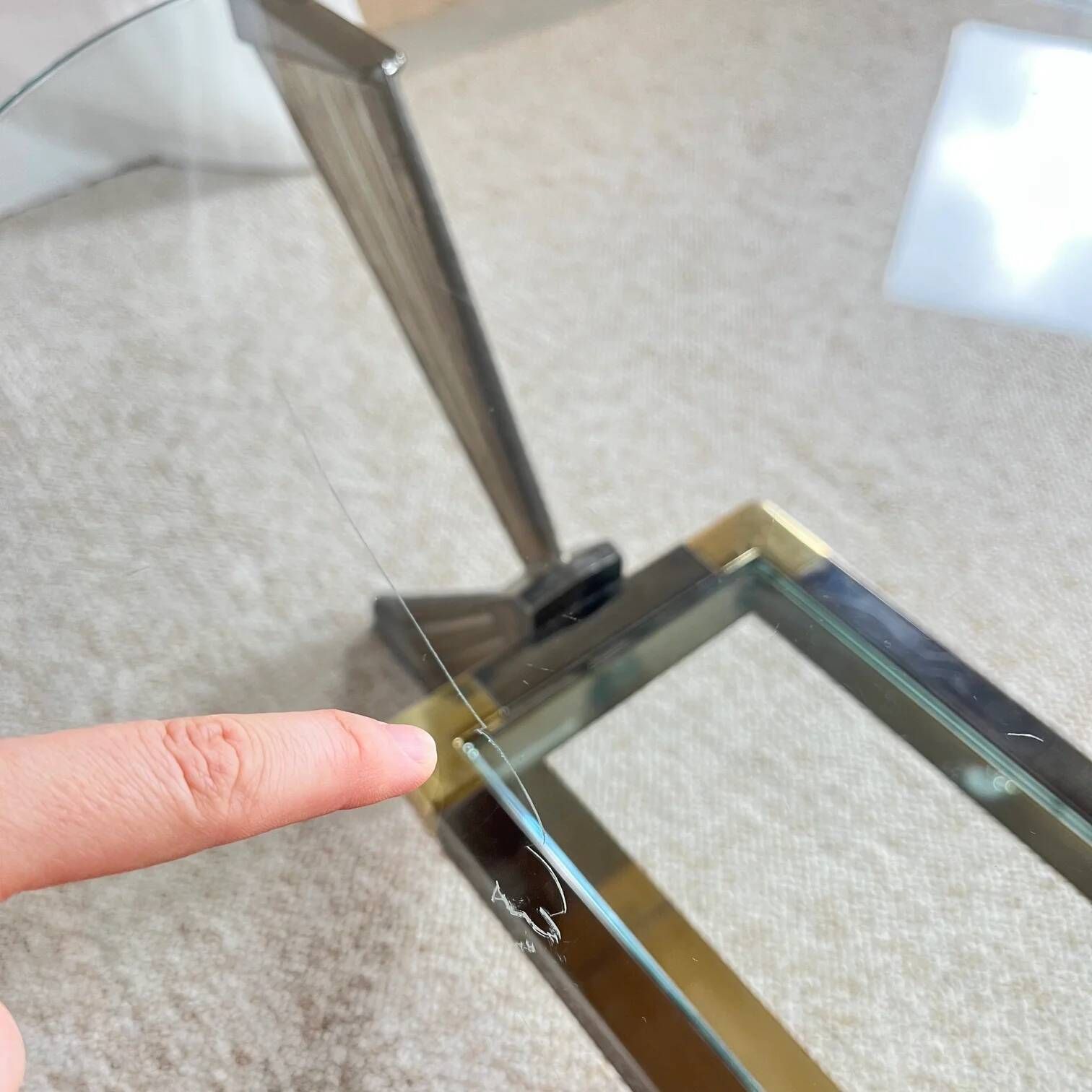 Vintage Italian coffee table in glass, chrome and brass metal, Hollywood Regency style, 1970s.