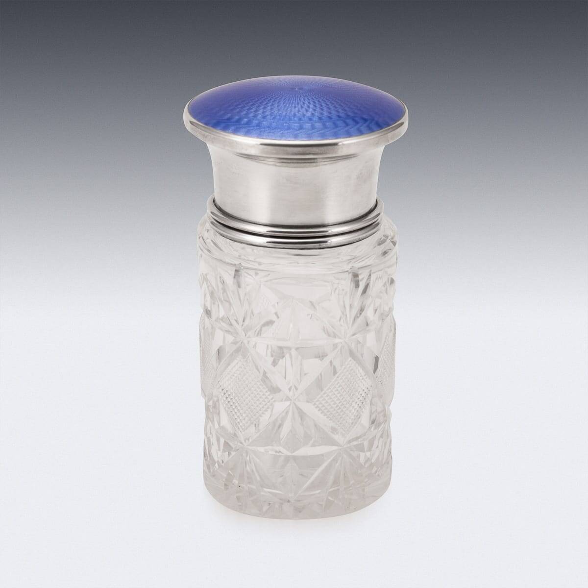Bocal en cristal taillé, en argent massif anglais du 20e siècle, émaillé guilloché.