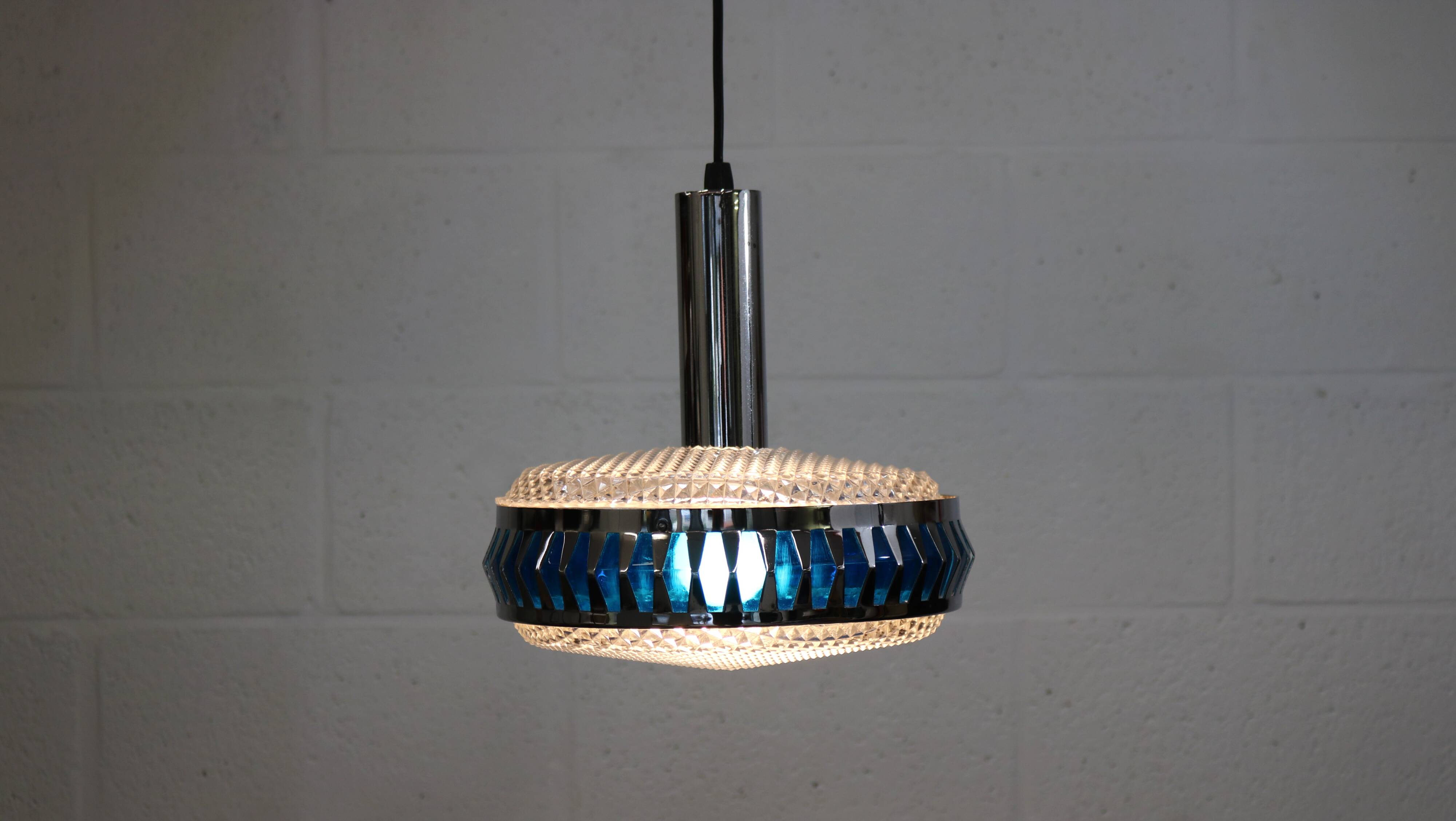Vintage Chrome & Blue Pendant Lamp - 1970s Massive Belgium Lighting