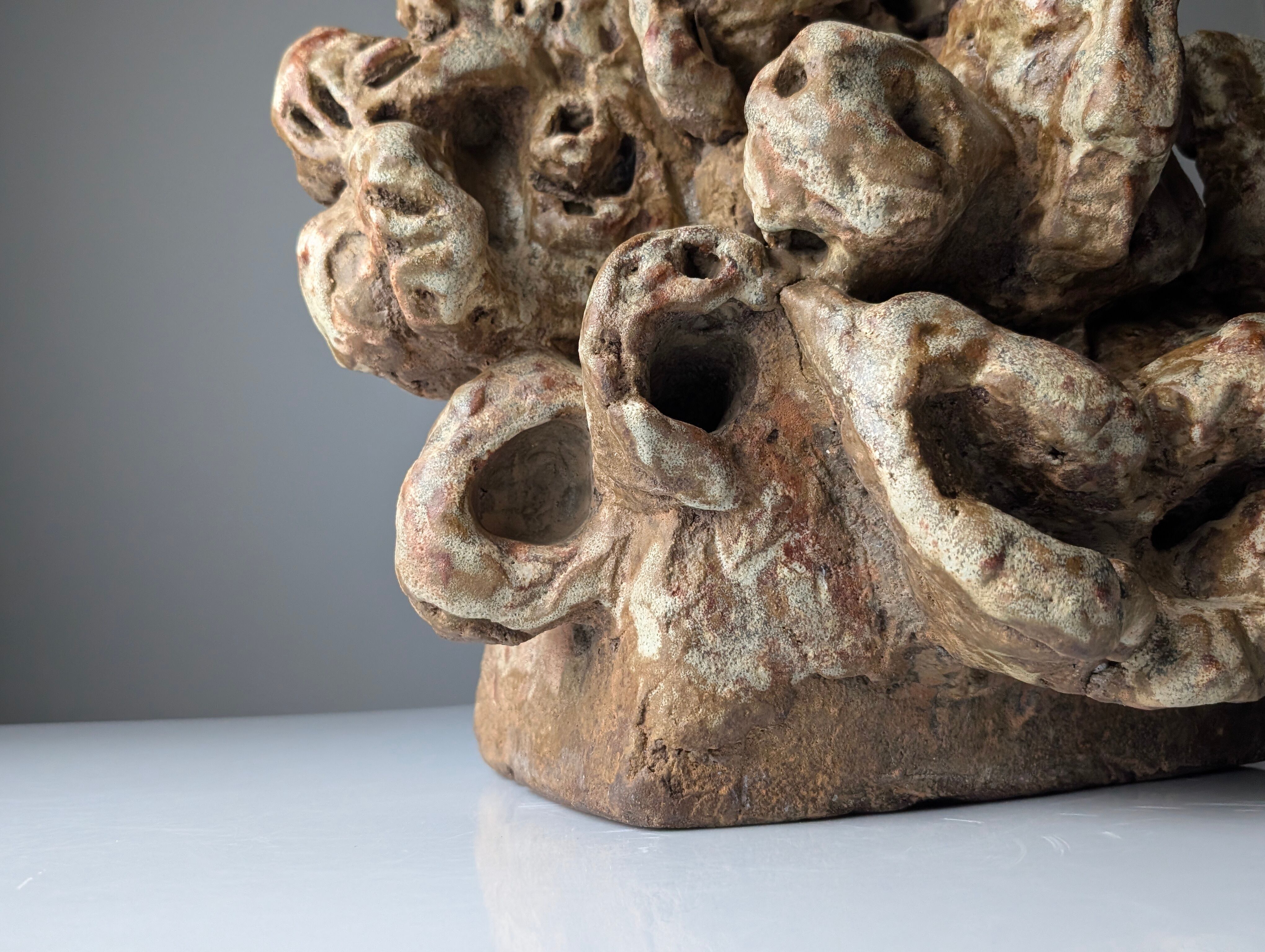 Large organic glazed stoneware sculpture with coral shapes, signed, 2002