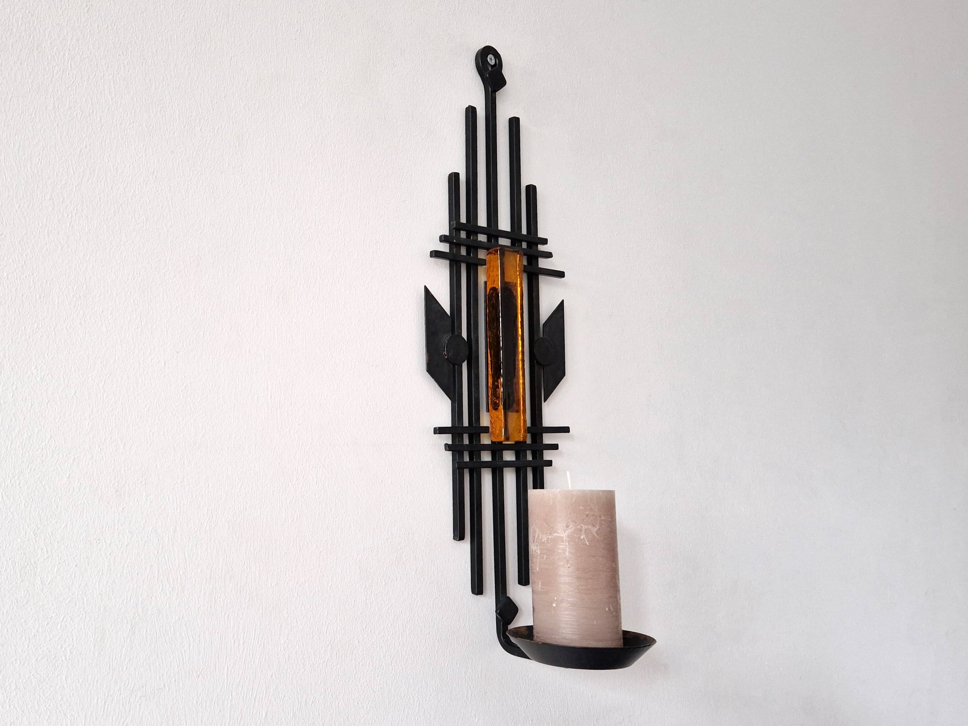 Sculptural Iron and orange glass wall candle holder for Dantoft, Denmark 1960's/1970's