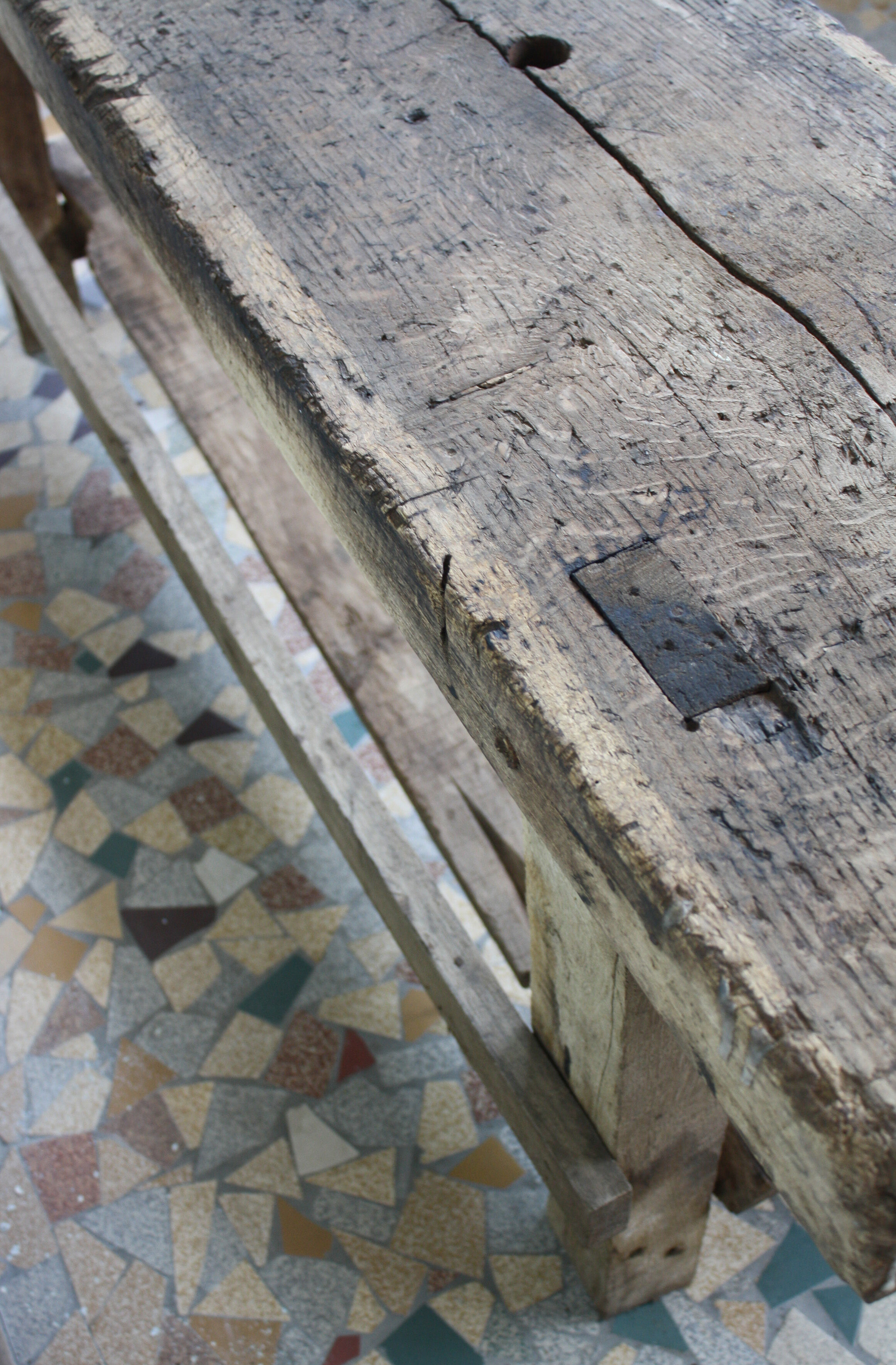 Ancient workbench in raw wood