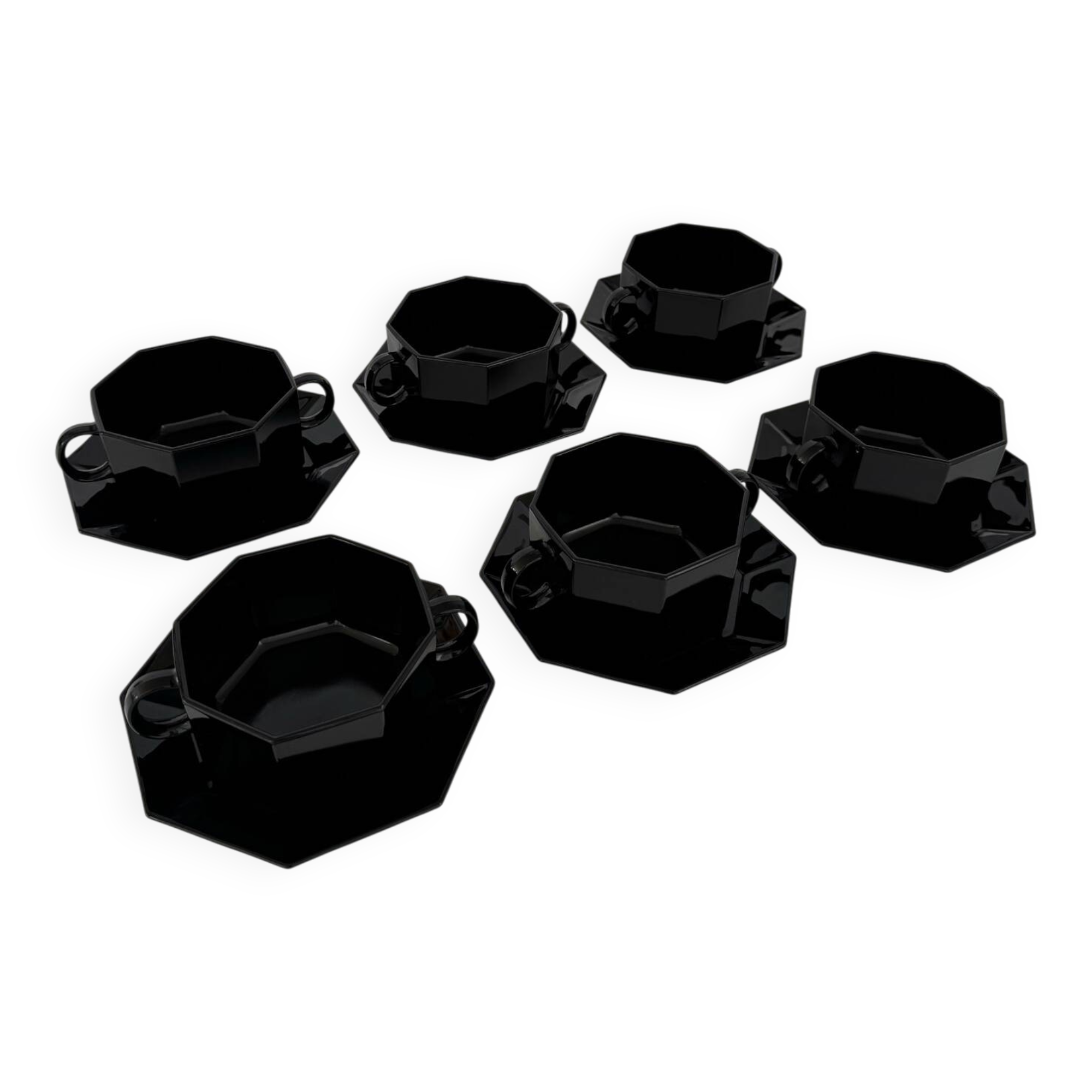 Vintage Set of 6 Arcoroc Black Glass Soup Cups and Saucers Set