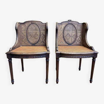Pair of Louis XVI style bergères armchairs in canning