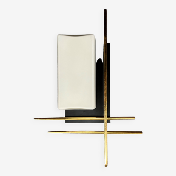 Wall lamp in black wood, gilded brass and opaline