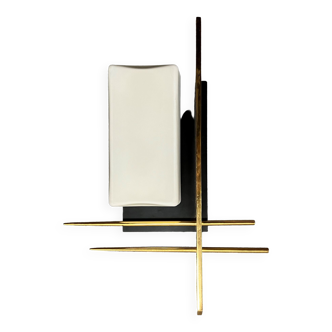 Wall lamp in black wood, gilded brass and opaline