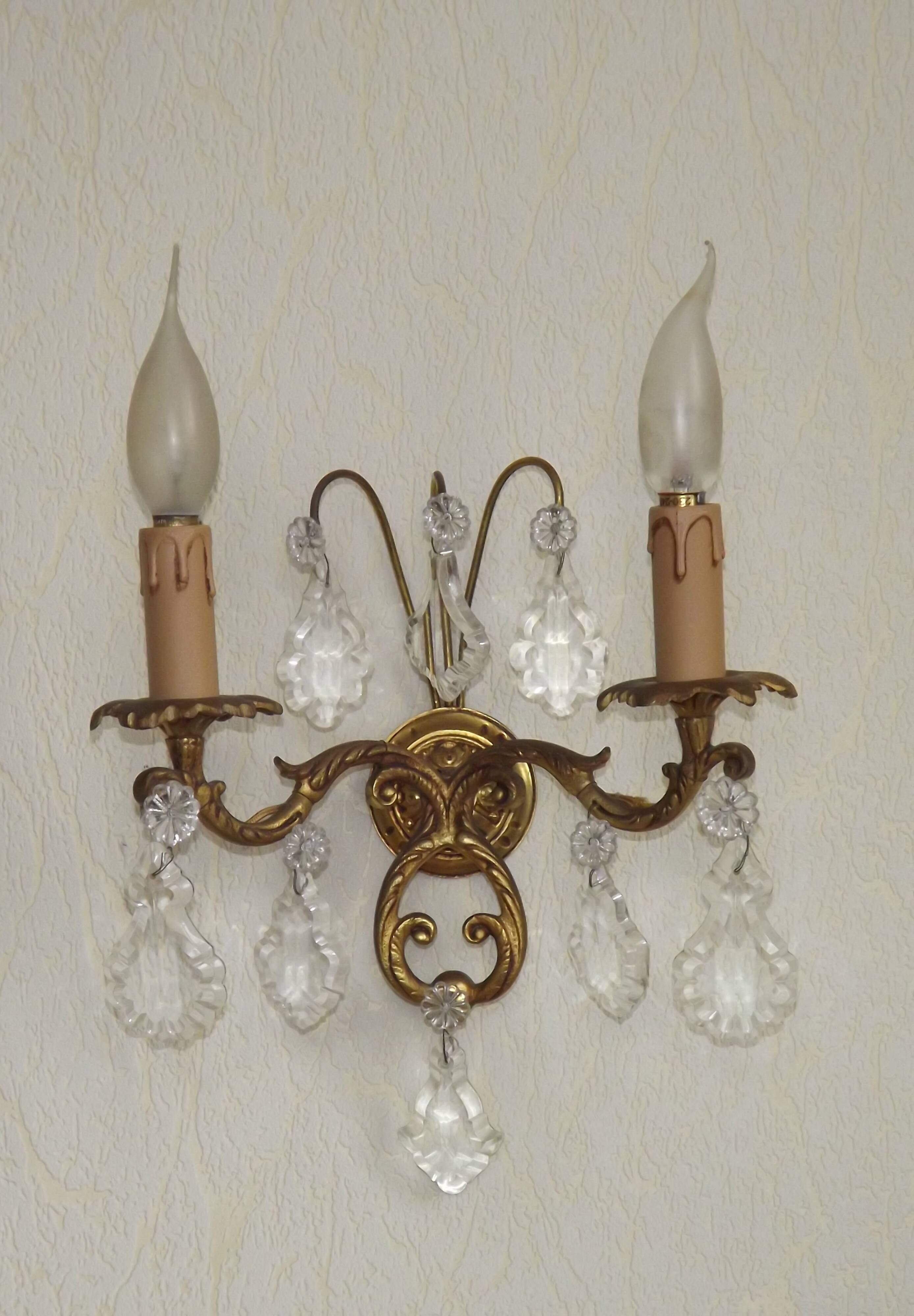 Pair of French Vintage Bronze Double Wall Lights Assorted Crystals 5331
