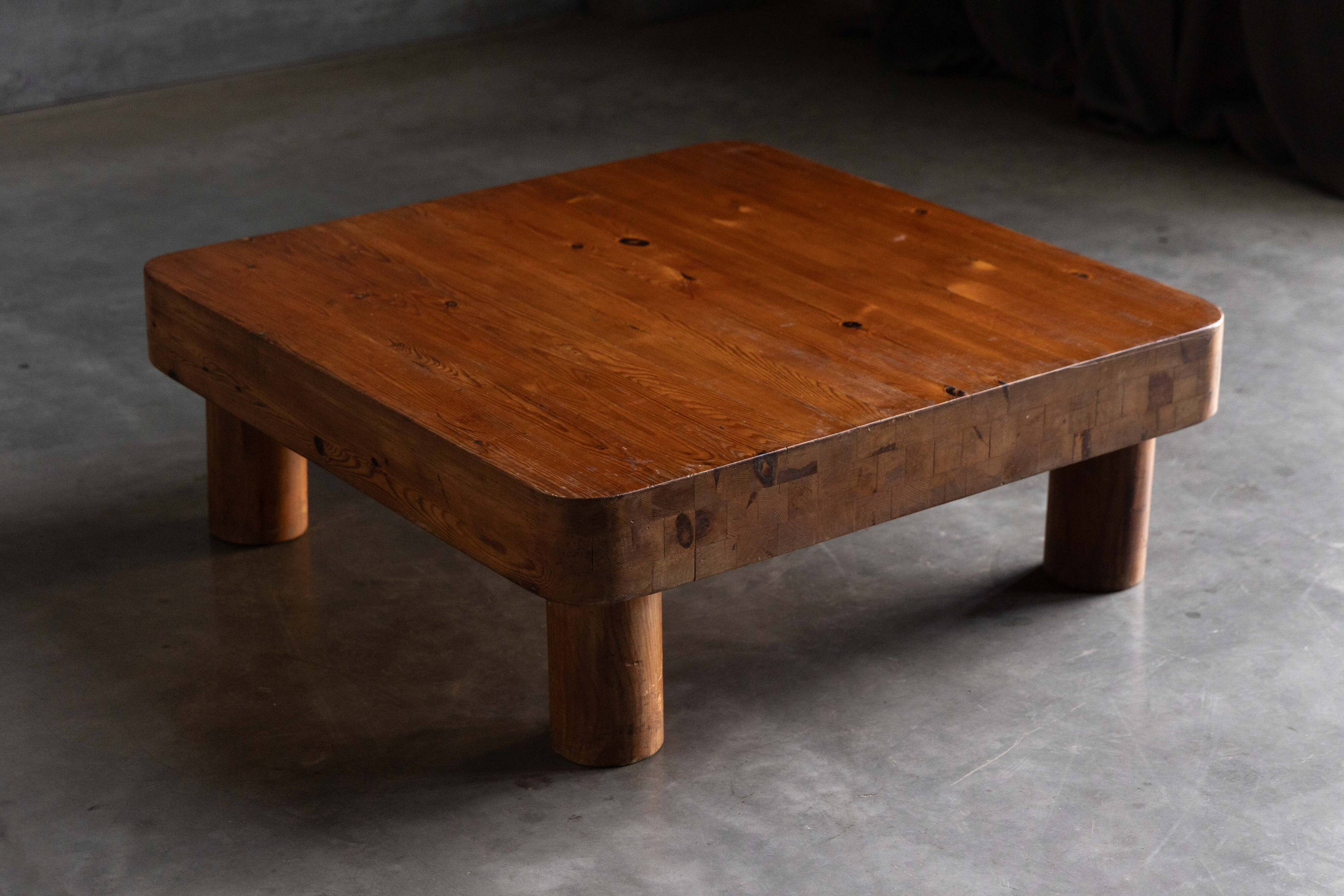 Brutalist pine low coffee table, France, 1960s