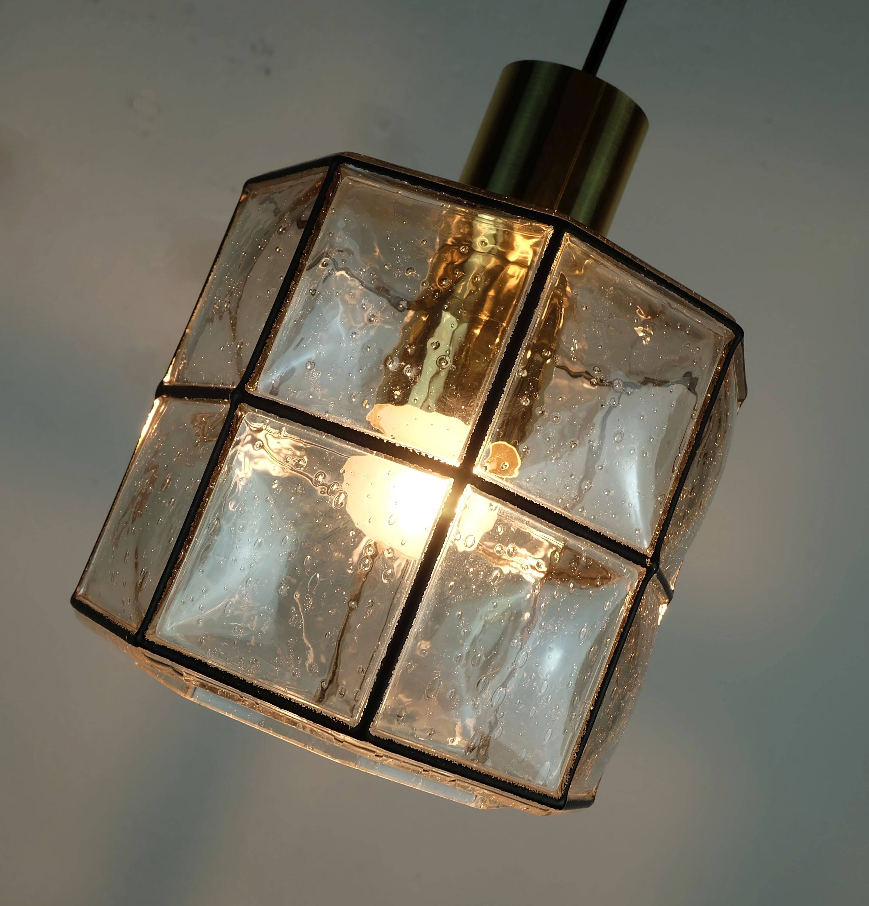 1960s 70s glashuette limburg PENDANT LAMP clear glass shade and brass