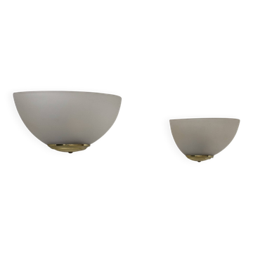 Pair of vintage wall lights, frosted glass and brass, France, 1970