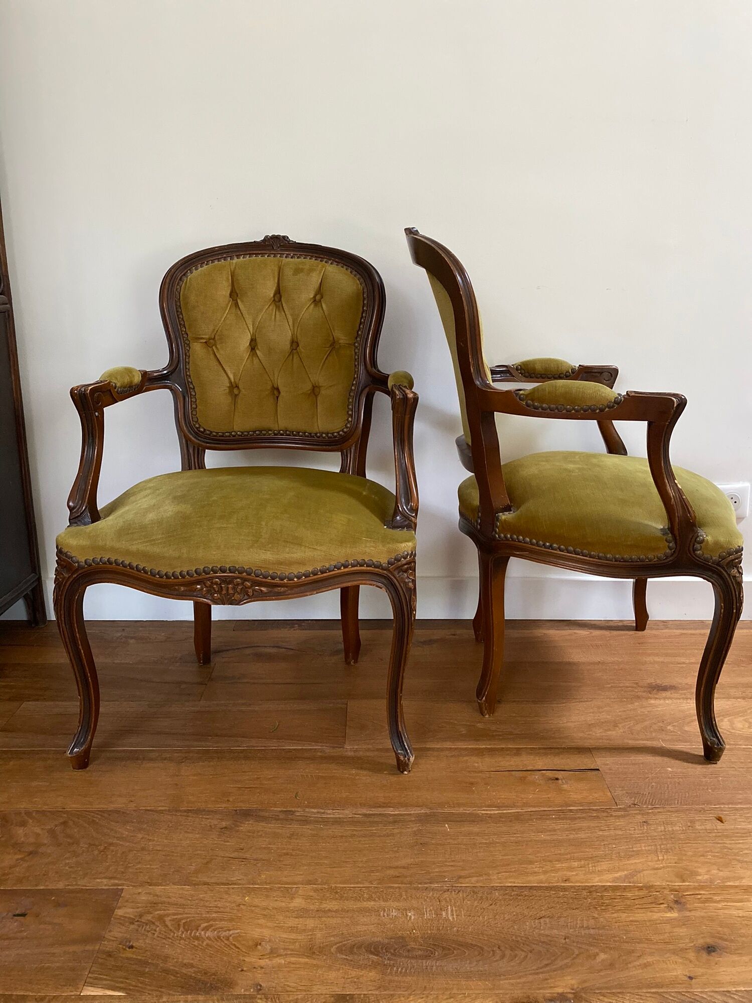 Cabriolets or Bergère armchairs Louis XV style in light green upholstered velvet