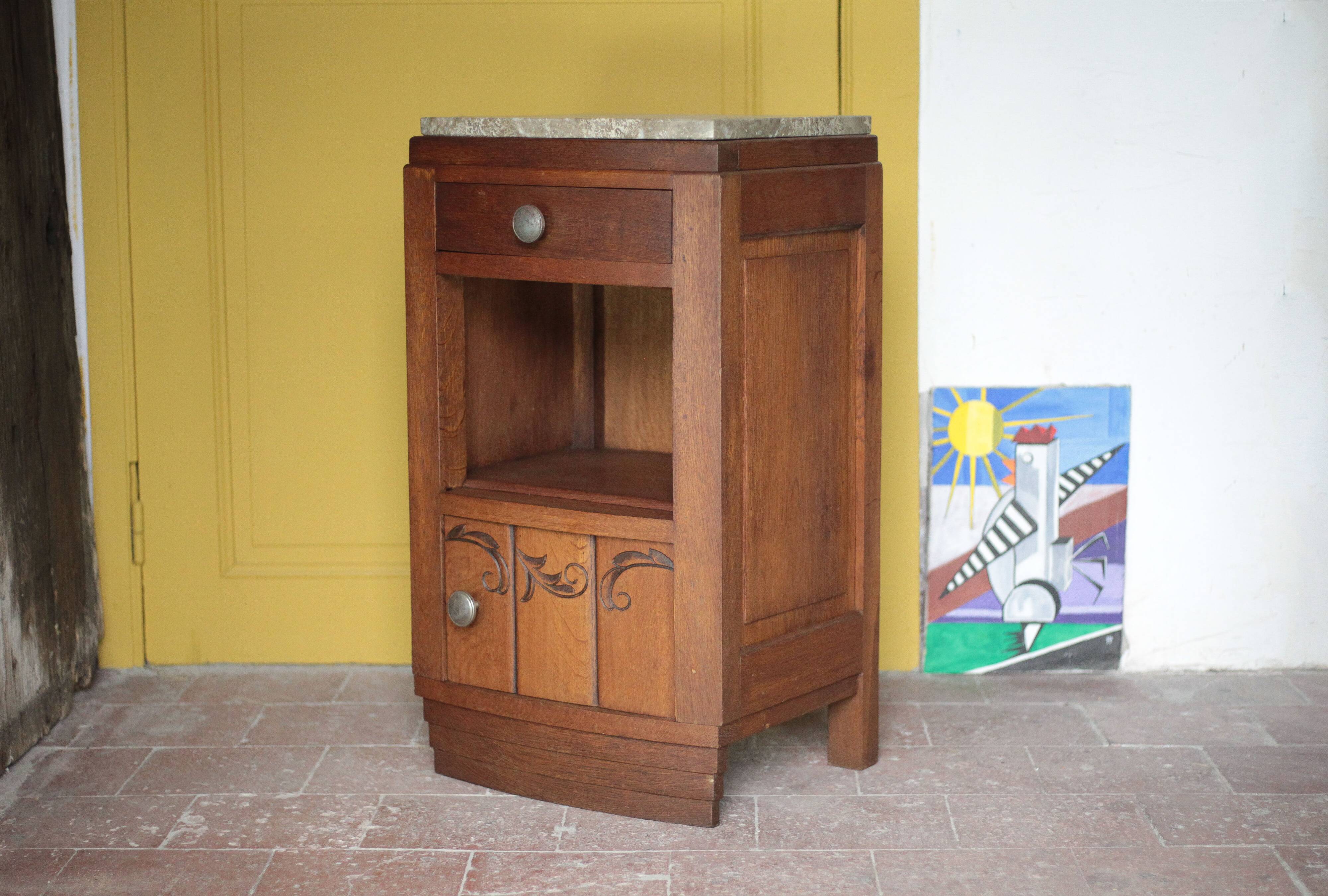 Art Deco bedside table, wooden Art Deco nightstand with marble top.