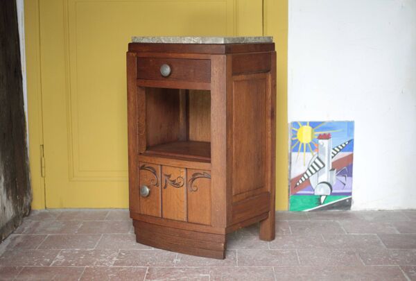 Table de nuit art déco, table de chevet art déco bois avec plaque de marbre