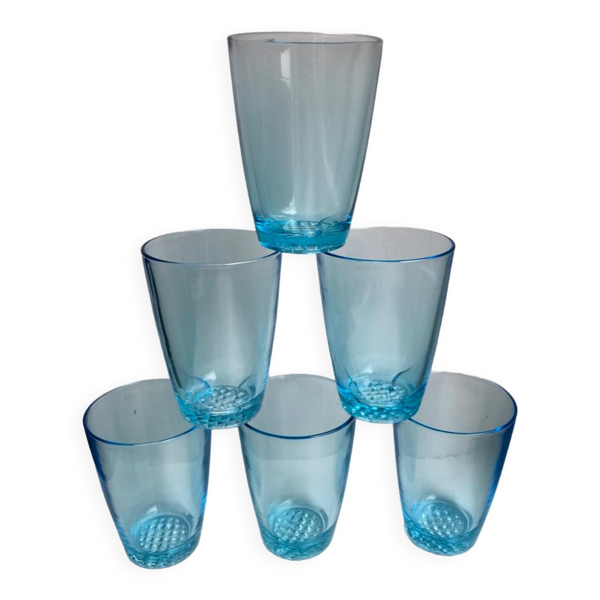 Lot de 6 verres à eau made in france en verre bleu années 70