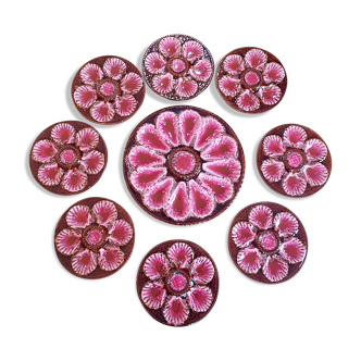 Service oyster plates and presentation dish Vallauris signed Marius Giuge vintage pink
