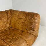 Mid-century cognac leather lounge sofa in oak