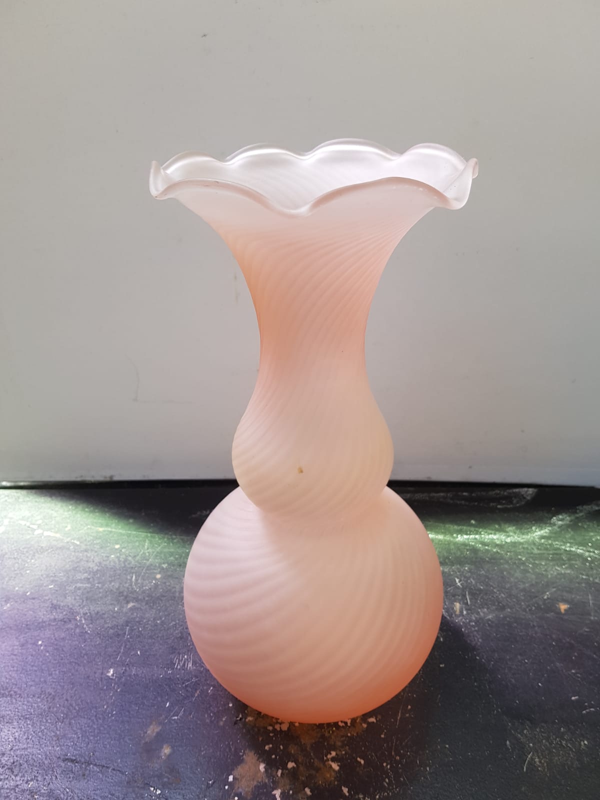 Old centrovetro vase pink opaline glass corolla neck made in Italy vintage