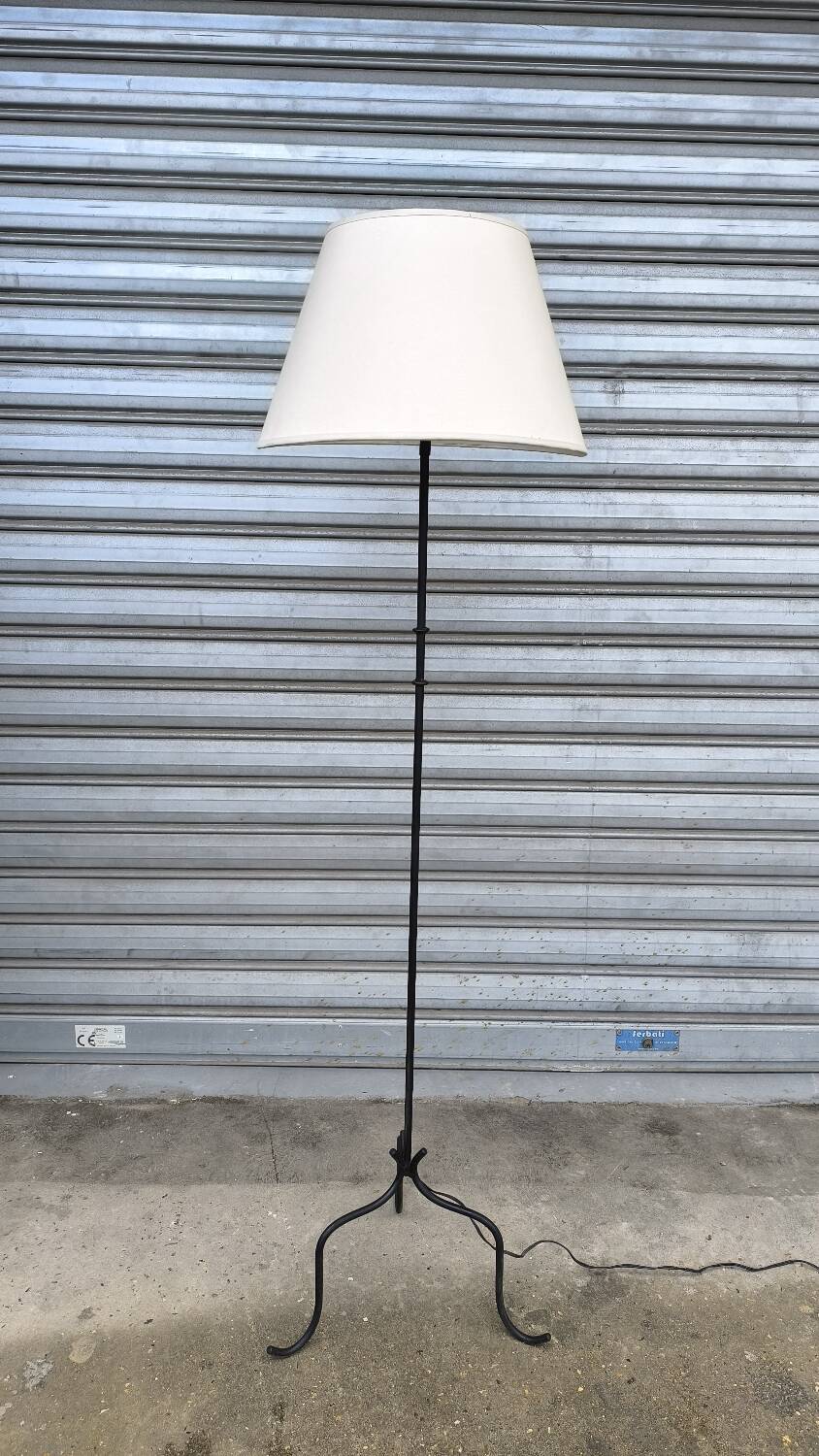 1950s wrought iron tripod floor lamp