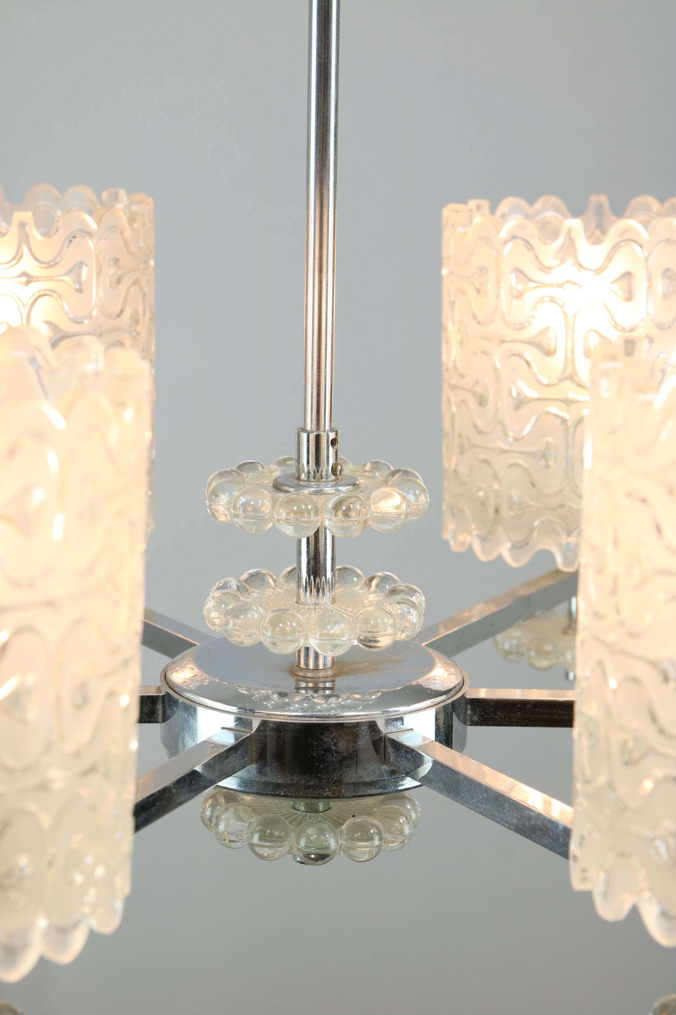 Vintage Austrian Glass Chandelier: Mid-Century Modern Embossed Pendant Lamp