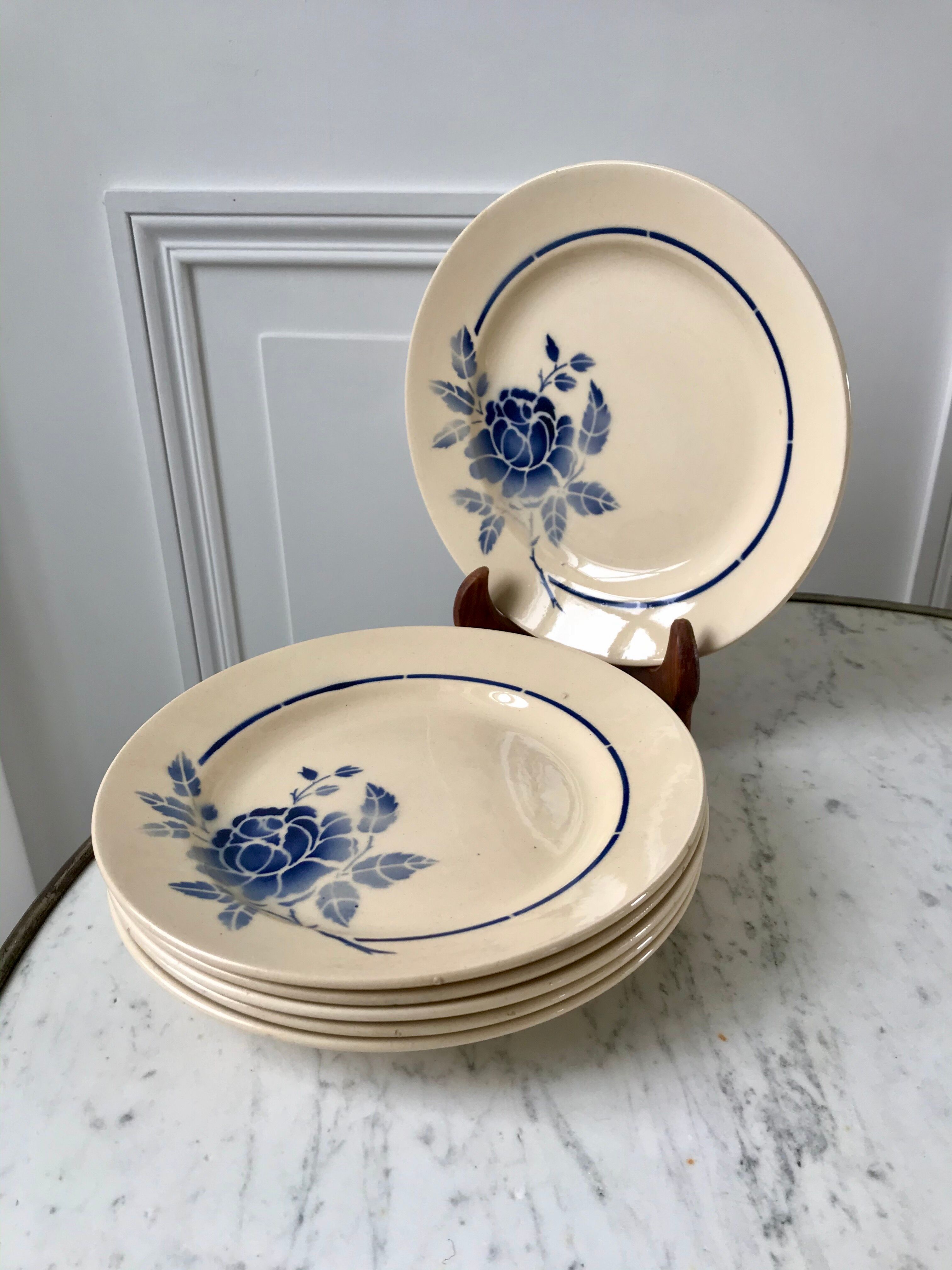 Set of 6 dessert plates blue flowers saint-amand 30s-40s