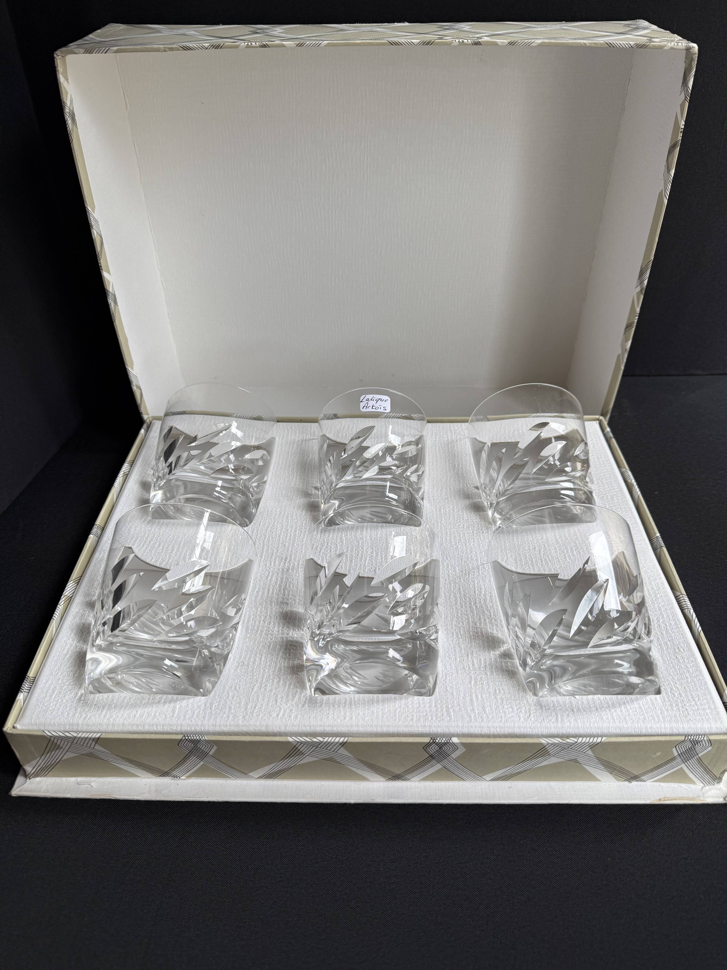 6 Lalique France Artois whisky glasses in a box