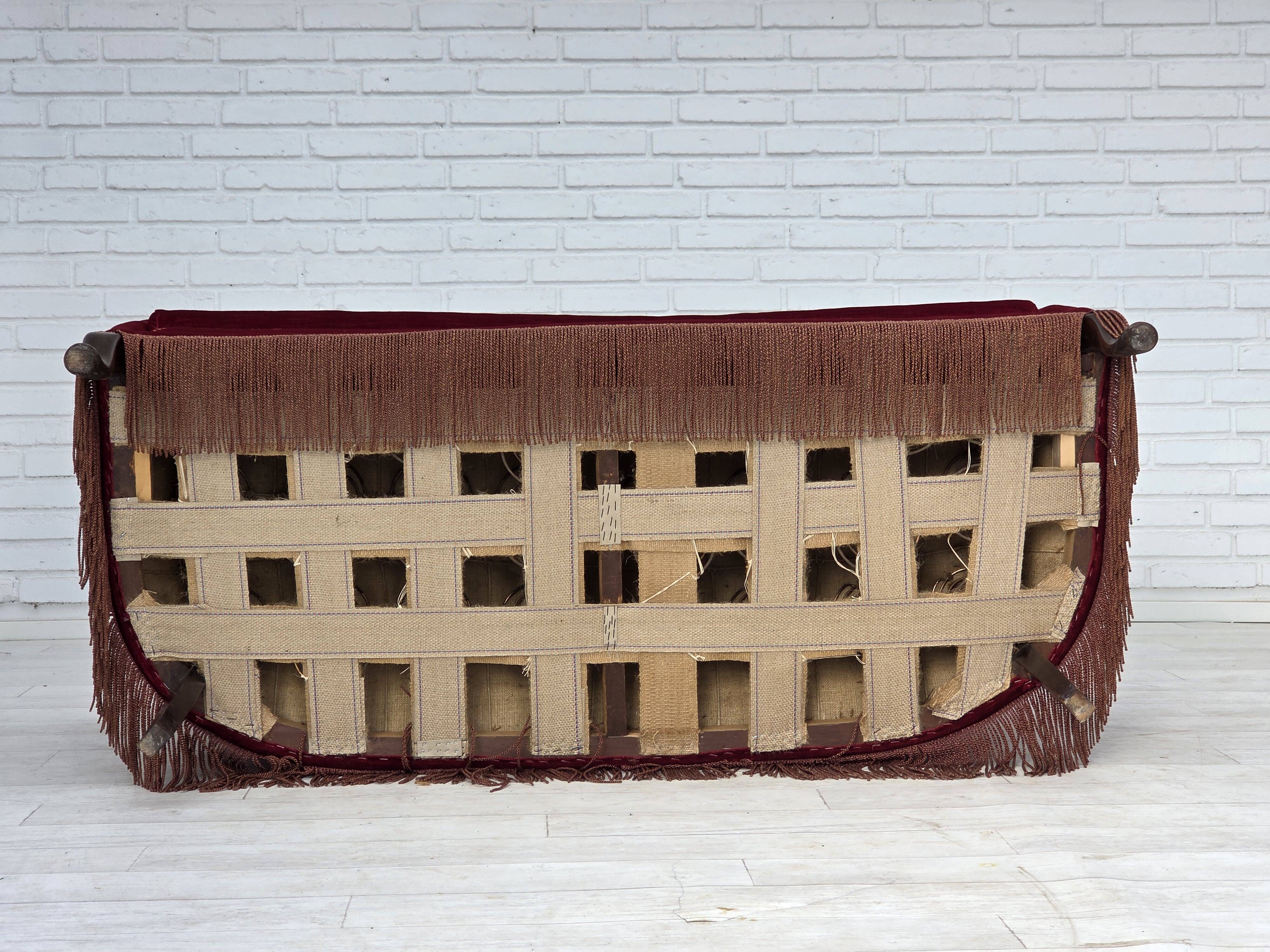 1960s, Danish 2-seater sofa, red furniture velour, ash wood legs.