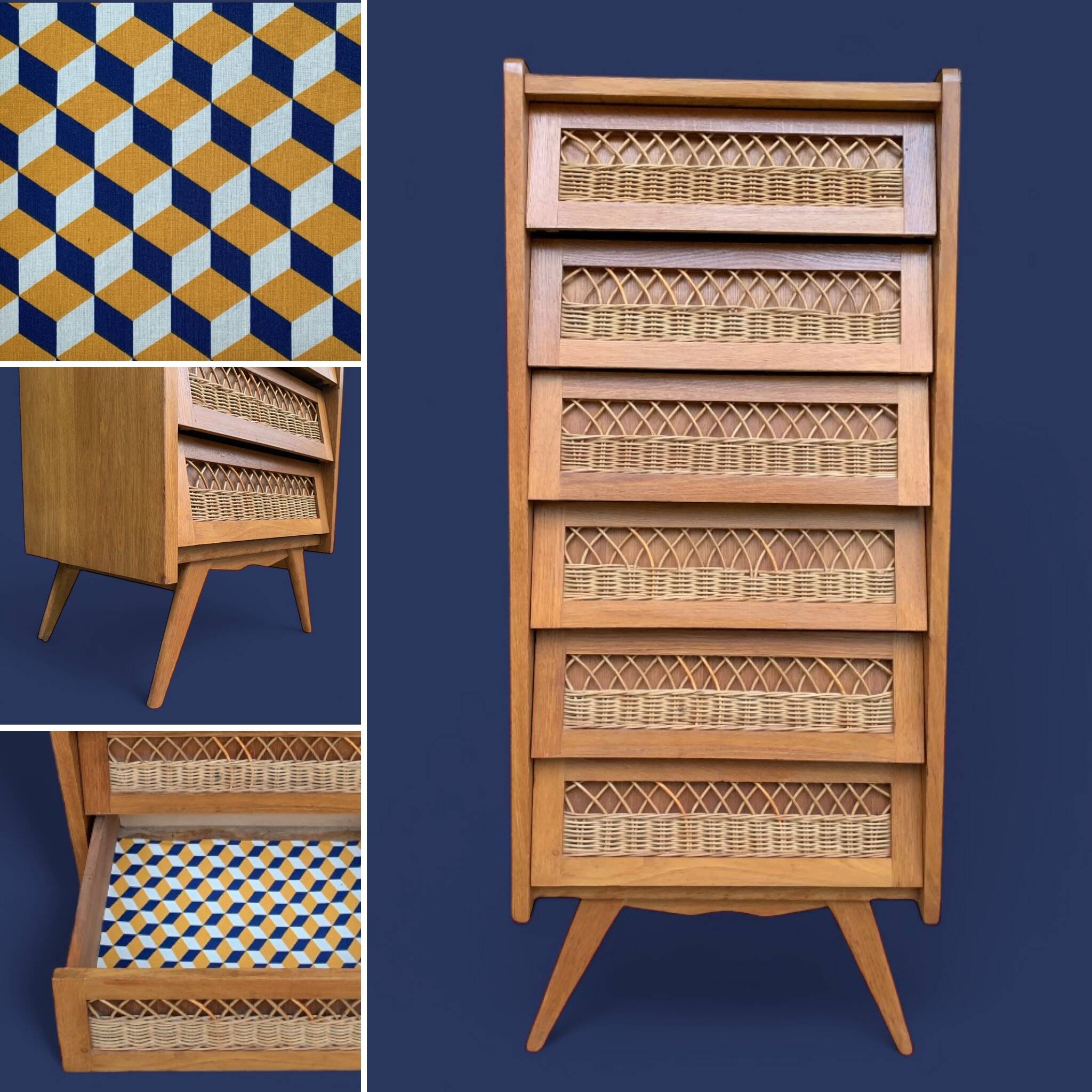 Vintage rattan chiffonier with compass feet 1950