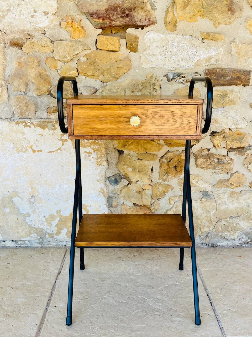 Vintage oak bedside table with black metal legs circa 50s/60s