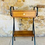 Vintage oak bedside table with black metal legs circa 50s/60s